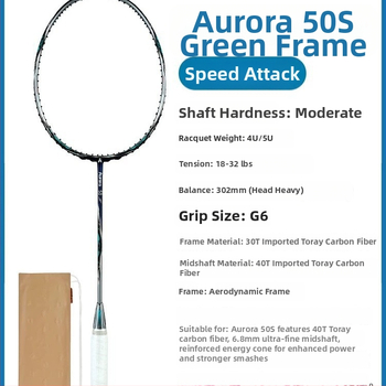 Kawasaki Aurora 50s badmintoni reket, kogu süsinikkiust raam, kaal 85-89 g, käepideme suurus G5, otsene löök, nailonistrungad
