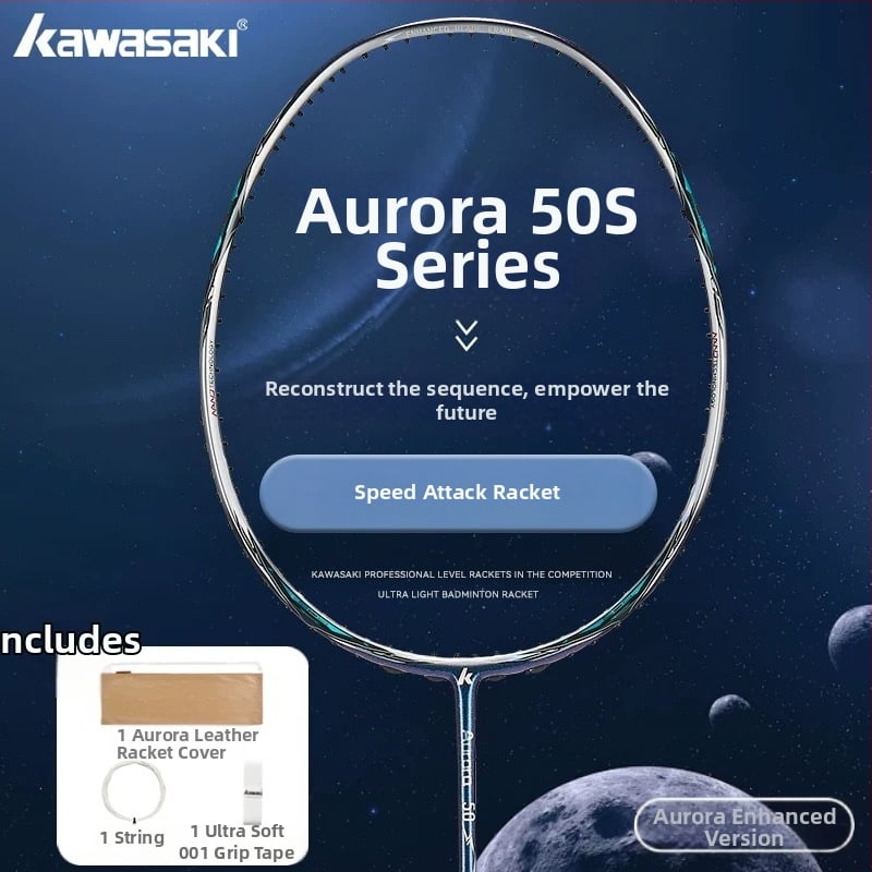 Kawasaki Aurora 50s badmintoni reket, kogu süsinikkiust raam, kaal 85-89 g, käepideme suurus G5, otsene löök, nailonistrungad