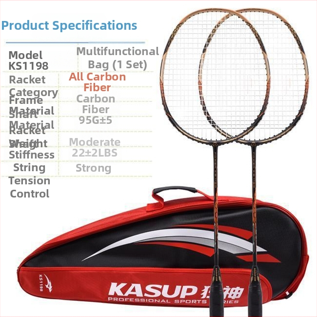 Badmintoni reket - süsinikkiust raam, kaal 95-100 g, ründav tüüp, kerge ja vastupidav, 2-osaline komplekt
