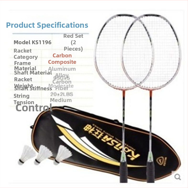 Badmintoni reket - süsinikkiust raam, kaal 95-100 g, ründav tüüp, kerge ja vastupidav, 2-osaline komplekt