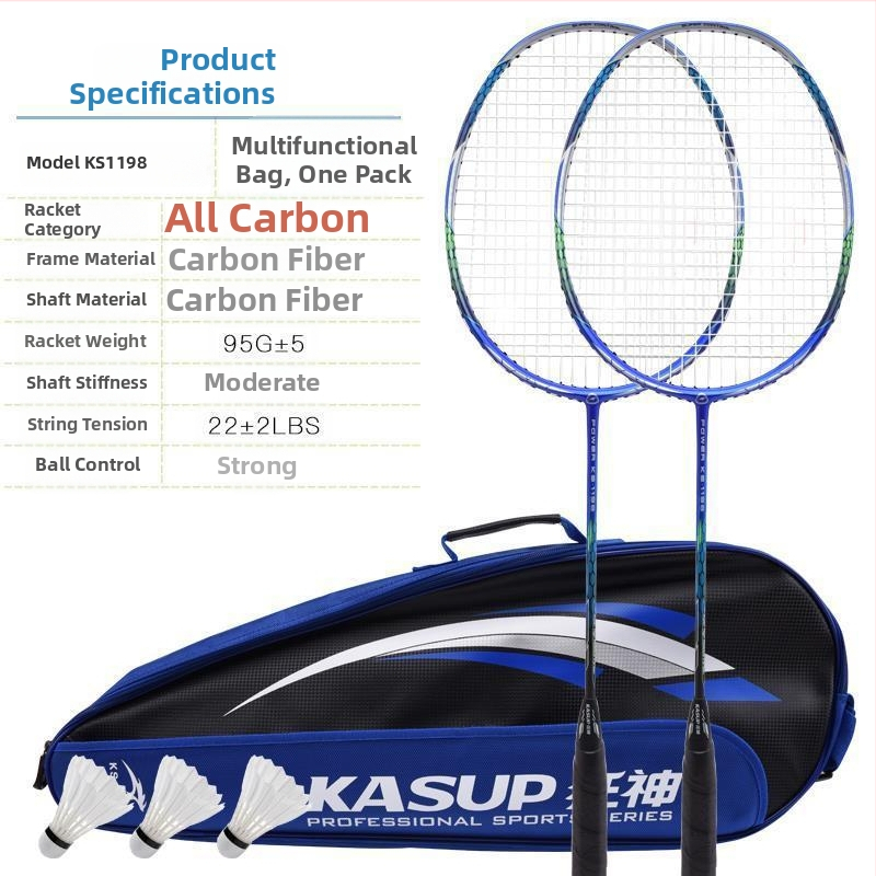 Badmintoni reket - süsinikkiust raam, kaal 95-100 g, ründav tüüp, kerge ja vastupidav, 2-osaline komplekt