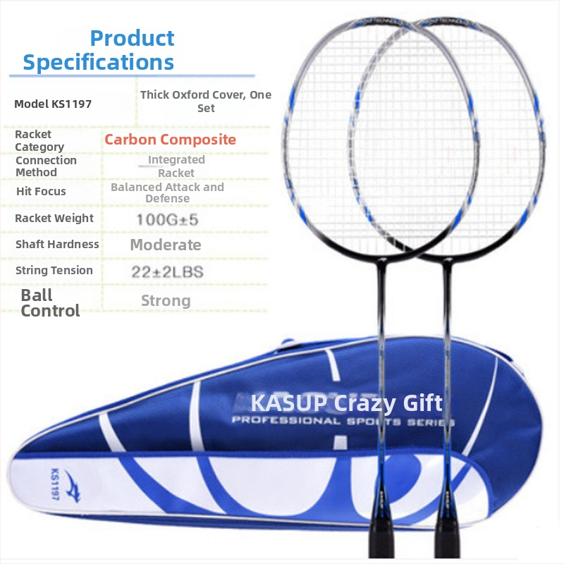 Badmintoni reket - süsinikkiust raam, kaal 95-100 g, ründav tüüp, kerge ja vastupidav, 2-osaline komplekt