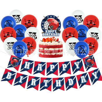 Hokejo tematikos vaikų gimtadienio rinkinio dekoracijos — torto toppers su hokejo motyvu, vėliavėlės, balionai, durų ženklai ir pakabintos kortelės; geometrinis dizainas, modernus ir minimalistinis; medžiaga: dengtas popierius.