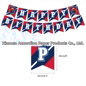 Hokejo tematikos vaikų gimtadienio rinkinio dekoracijos — torto toppers su hokejo motyvu, vėliavėlės, balionai, durų ženklai ir pakabintos kortelės; geometrinis dizainas, modernus ir minimalistinis; medžiaga: dengtas popierius.