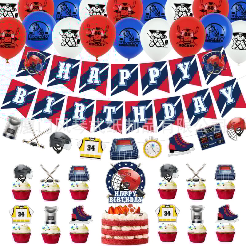 Hokejo tematikos vaikų gimtadienio rinkinio dekoracijos — torto toppers su hokejo motyvu, vėliavėlės, balionai, durų ženklai ir pakabintos kortelės; geometrinis dizainas, modernus ir minimalistinis; medžiaga: dengtas popierius.