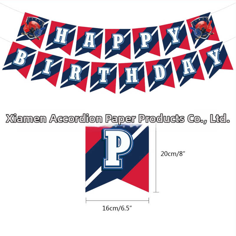 Hokejo tematikos vaikų gimtadienio rinkinio dekoracijos — torto toppers su hokejo motyvu, vėliavėlės, balionai, durų ženklai ir pakabintos kortelės; geometrinis dizainas, modernus ir minimalistinis; medžiaga: dengtas popierius.