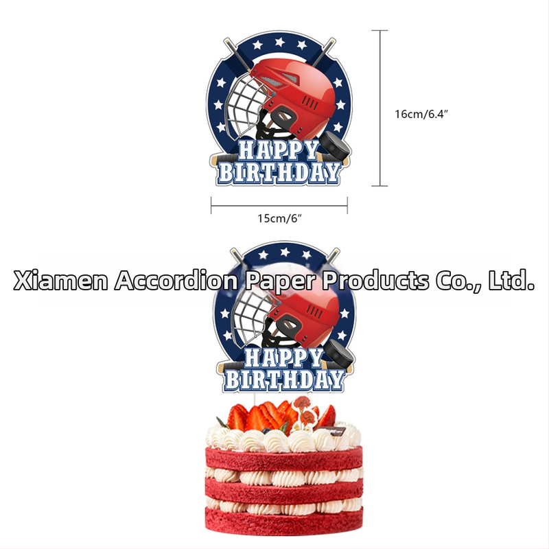 Hokejo tematikos vaikų gimtadienio rinkinio dekoracijos — torto toppers su hokejo motyvu, vėliavėlės, balionai, durų ženklai ir pakabintos kortelės; geometrinis dizainas, modernus ir minimalistinis; medžiaga: dengtas popierius.