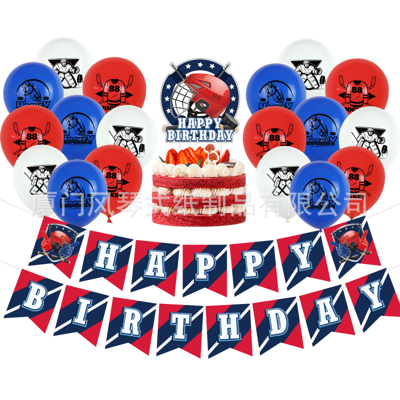 Hokejo tematikos vaikų gimtadienio rinkinio dekoracijos — torto toppers su hokejo motyvu, vėliavėlės, balionai, durų ženklai ir pakabintos kortelės; geometrinis dizainas, modernus ir minimalistinis; medžiaga: dengtas popierius.