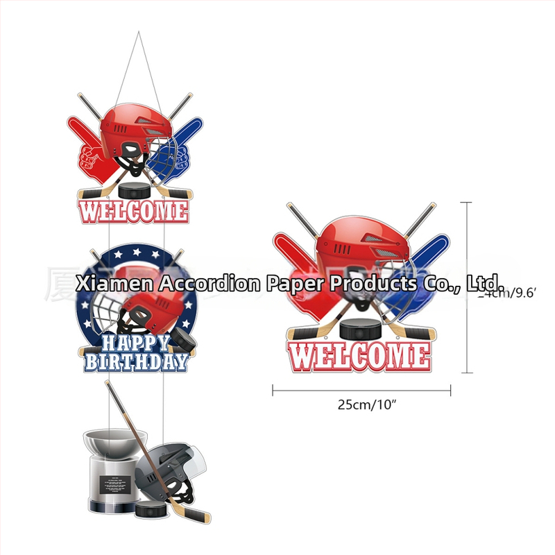 Hokejo tematikos vaikų gimtadienio rinkinio dekoracijos — torto toppers su hokejo motyvu, vėliavėlės, balionai, durų ženklai ir pakabintos kortelės; geometrinis dizainas, modernus ir minimalistinis; medžiaga: dengtas popierius.