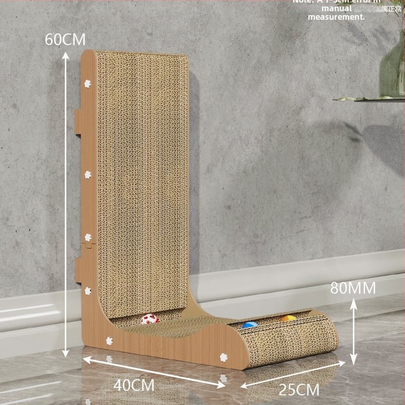 Ξύστρα γάτας σε σχήμα L, μεγάλος, κατακόρυφη, με μπάλα παιχνιδιού, ανθεκτική στη φθορά, από κυματοειδές χαρτόνι