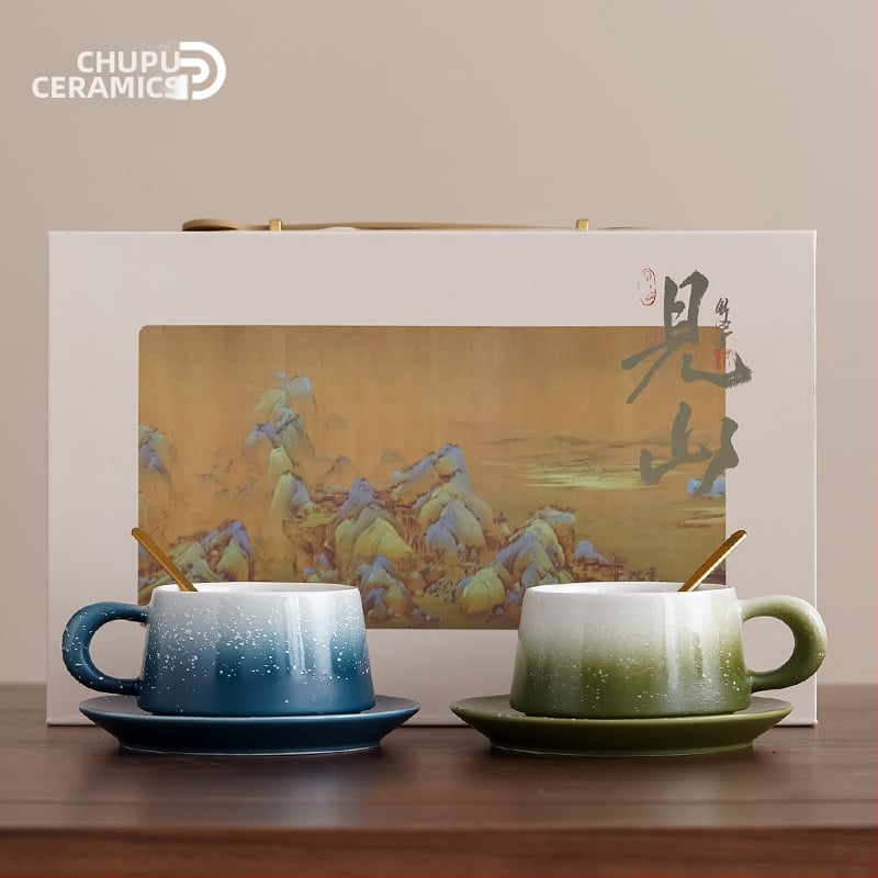Chupu keramika Japonų stiliaus kavos puodelių ir padėkliukų rinkinys su gradient latte art, dovanų dėžutė
