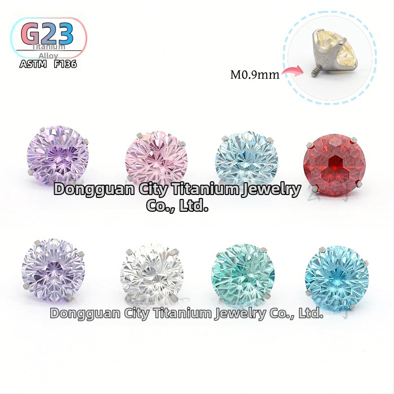 Ušné špendlíky z titanovej zliatiny so zirkónovými kryštálmi, guľatý tvar, vnútorný závit