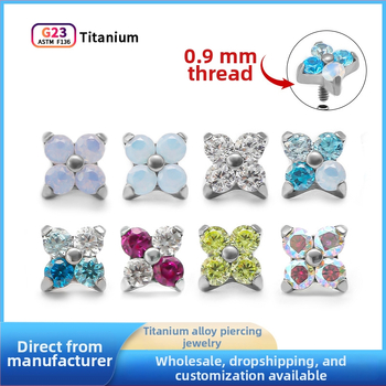 Piercing šperky do uší z titánovej zliatiny, tvar štvorlístka, syntetický kubický zirkón, vsadený