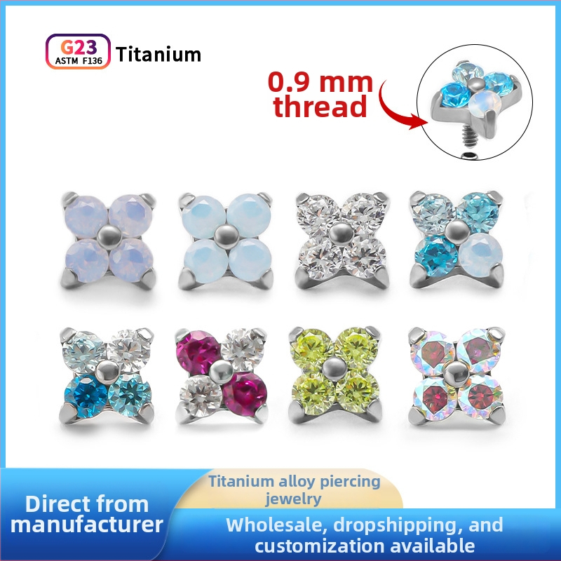 Piercing šperky do uší z titánovej zliatiny, tvar štvorlístka, syntetický kubický zirkón, vsadený