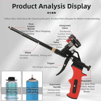 Visiškai metalinis putų purškimo pistoletas be valymo, išplėstas antgalis PU putų sandarinimui durims ir langams