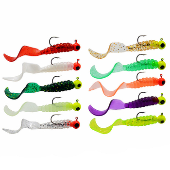 Mīksto ēsmu komplekts ar izlocītu astiņu tārpu un svina galvas āķiem – 3,5 g, 4 gb./mais