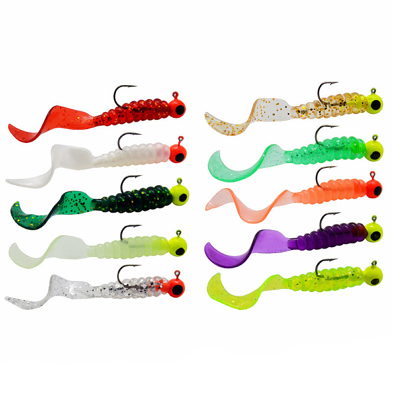 Mīksto ēsmu komplekts ar izlocītu astiņu tārpu un svina galvas āķiem – 3,5 g, 4 gb./mais