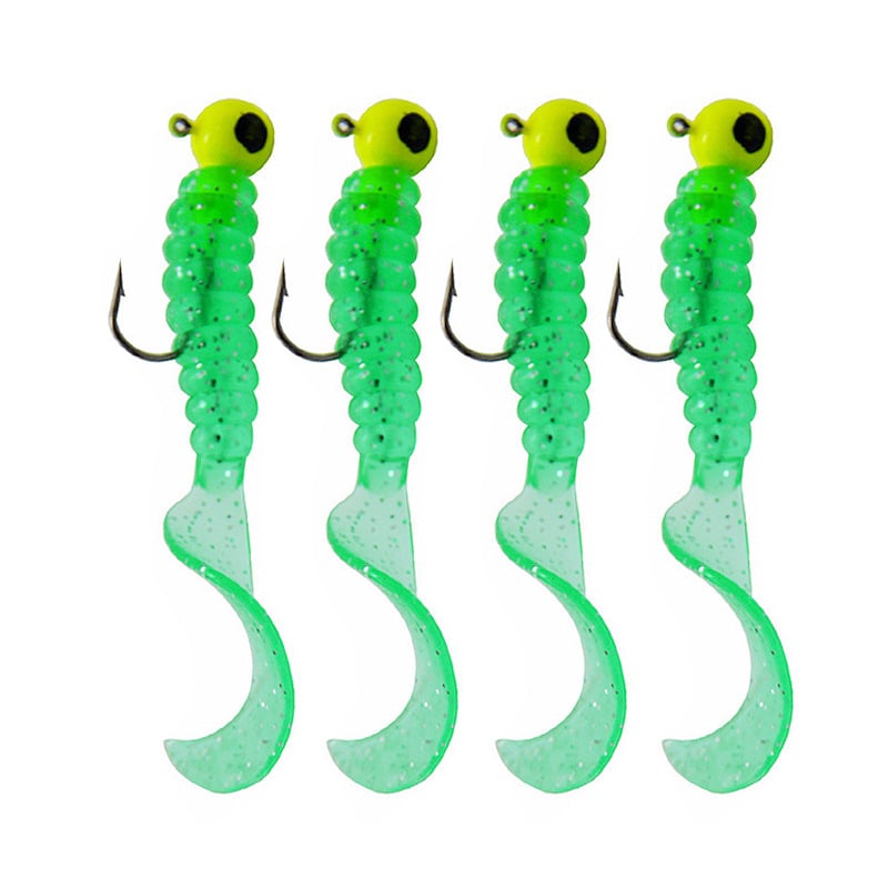 Mīksto ēsmu komplekts ar izlocītu astiņu tārpu un svina galvas āķiem – 3,5 g, 4 gb./mais