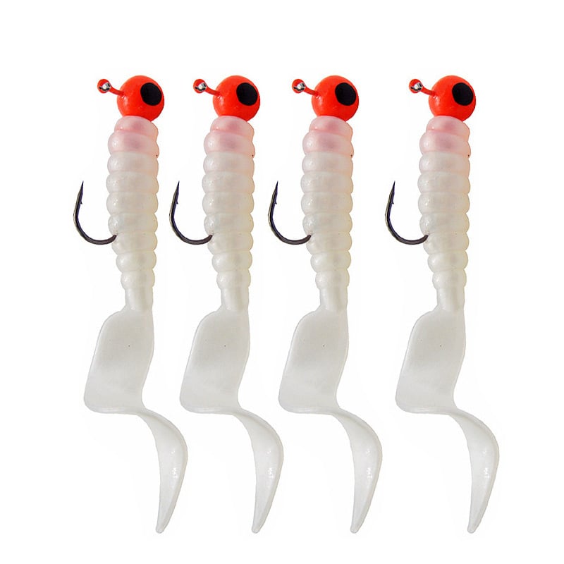 Mīksto ēsmu komplekts ar izlocītu astiņu tārpu un svina galvas āķiem – 3,5 g, 4 gb./mais