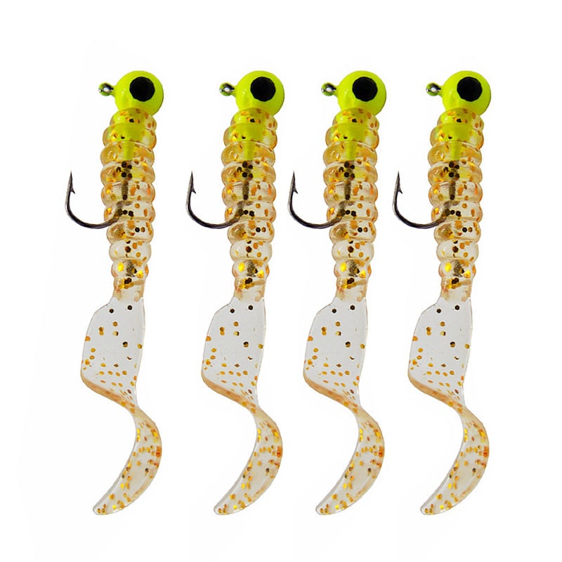 Mīksto ēsmu komplekts ar izlocītu astiņu tārpu un svina galvas āķiem – 3,5 g, 4 gb./mais