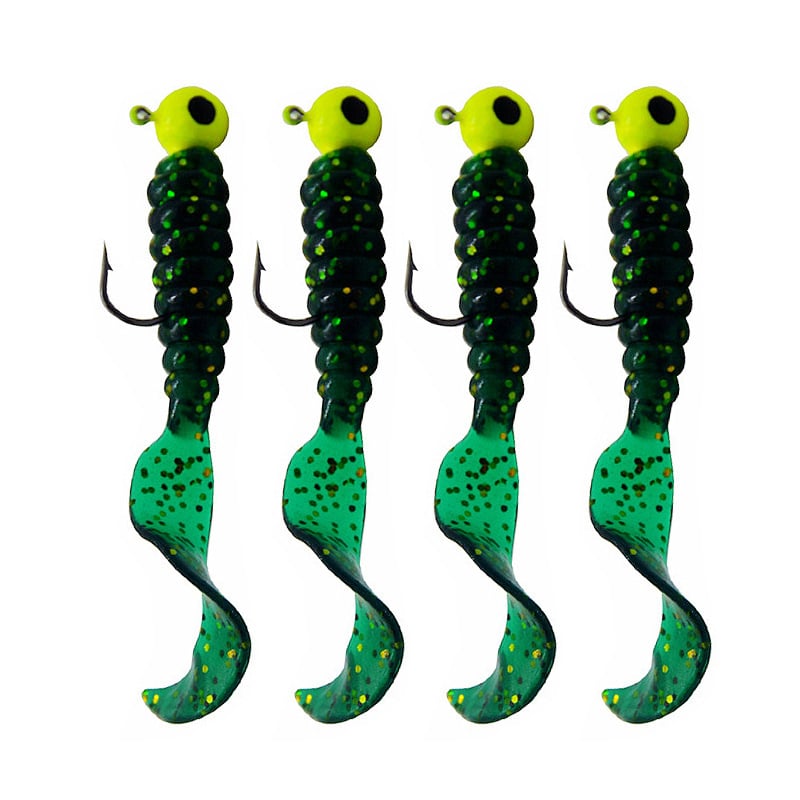 Mīksto ēsmu komplekts ar izlocītu astiņu tārpu un svina galvas āķiem – 3,5 g, 4 gb./mais