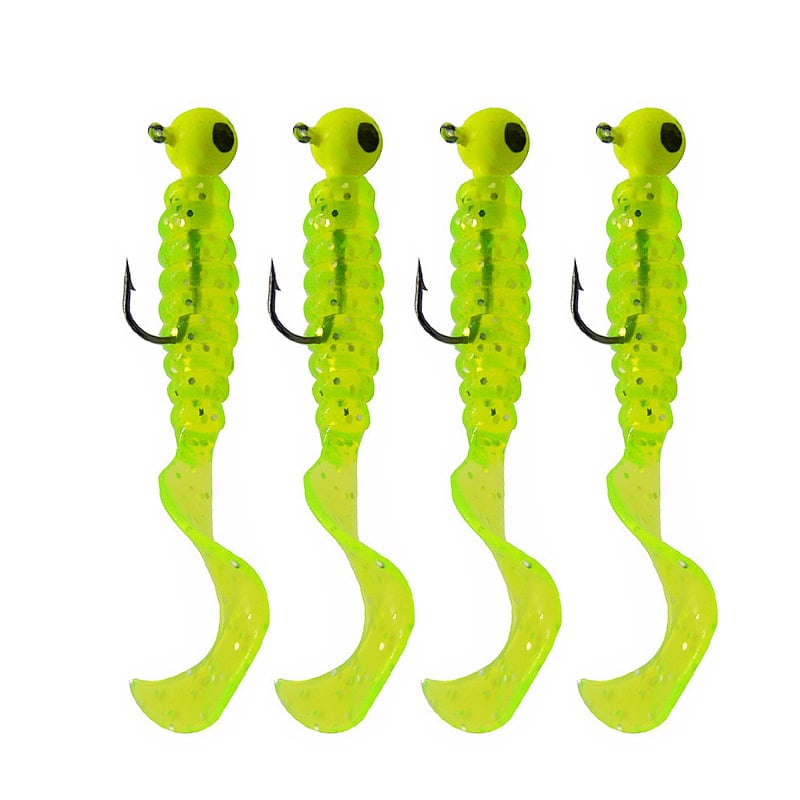 Mīksto ēsmu komplekts ar izlocītu astiņu tārpu un svina galvas āķiem – 3,5 g, 4 gb./mais