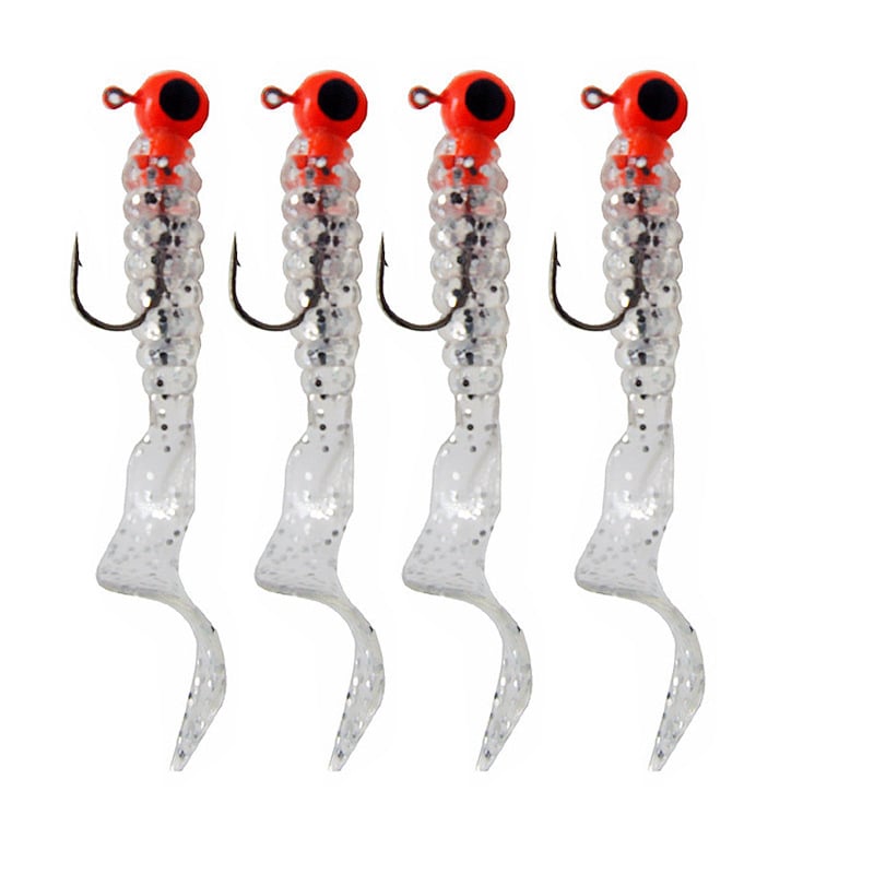 Mīksto ēsmu komplekts ar izlocītu astiņu tārpu un svina galvas āķiem – 3,5 g, 4 gb./mais