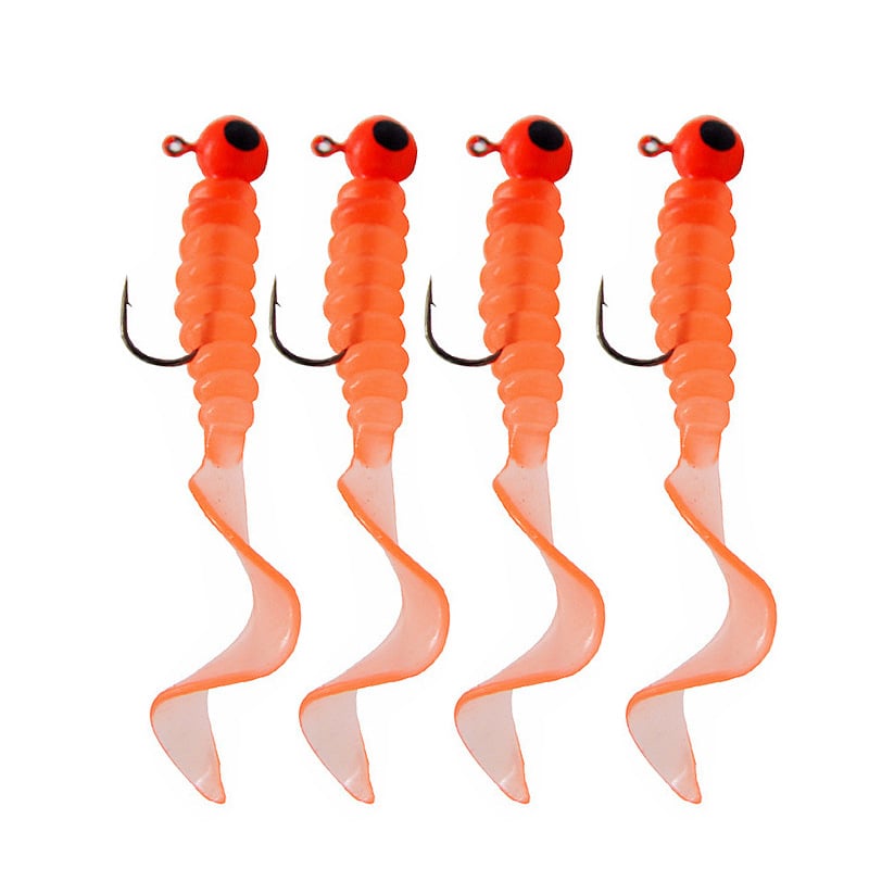 Mīksto ēsmu komplekts ar izlocītu astiņu tārpu un svina galvas āķiem – 3,5 g, 4 gb./mais