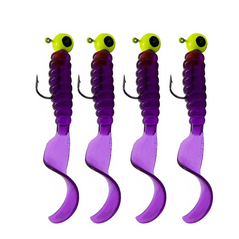 Mīksto ēsmu komplekts ar izlocītu astiņu tārpu un svina galvas āķiem – 3,5 g, 4 gb./mais