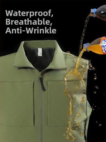 Férfi munkás mellény, több zsebbel, álló gallér, előről cipzár, laza kardigán szabás, 100% poliészter