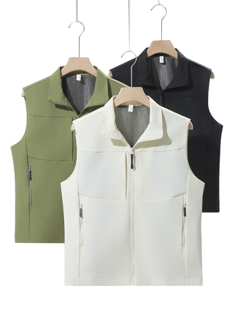 Férfi munkás mellény, több zsebbel, álló gallér, előről cipzár, laza kardigán szabás, 100% poliészter