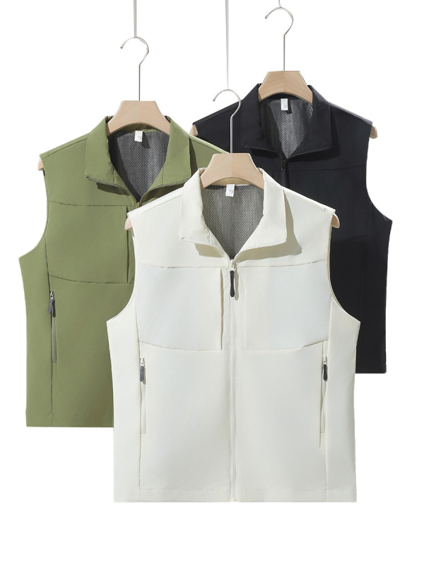 Férfi munkás mellény, több zsebbel, álló gallér, előről cipzár, laza kardigán szabás, 100% poliészter