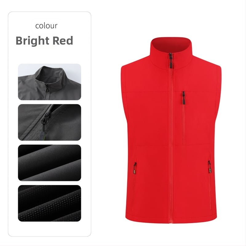 Férfi munkás mellény, több zsebbel, álló gallér, előről cipzár, laza kardigán szabás, 100% poliészter