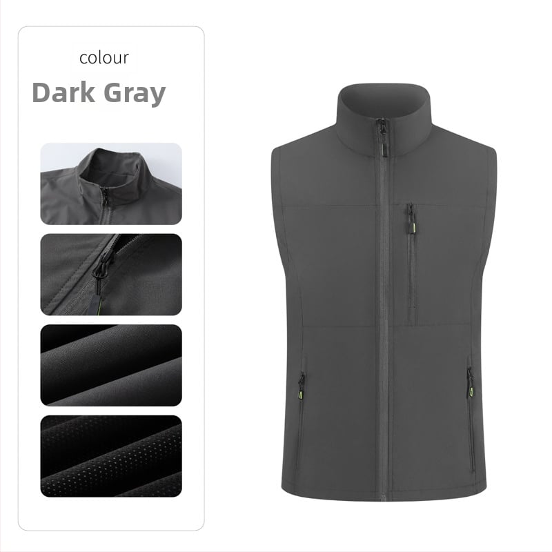 Férfi munkás mellény, több zsebbel, álló gallér, előről cipzár, laza kardigán szabás, 100% poliészter