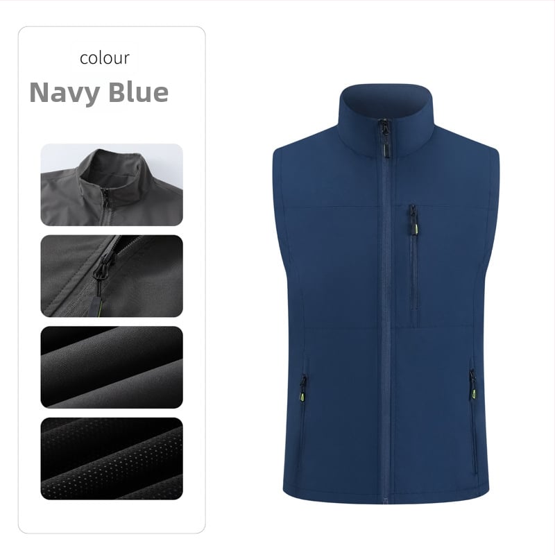 Férfi munkás mellény, több zsebbel, álló gallér, előről cipzár, laza kardigán szabás, 100% poliészter