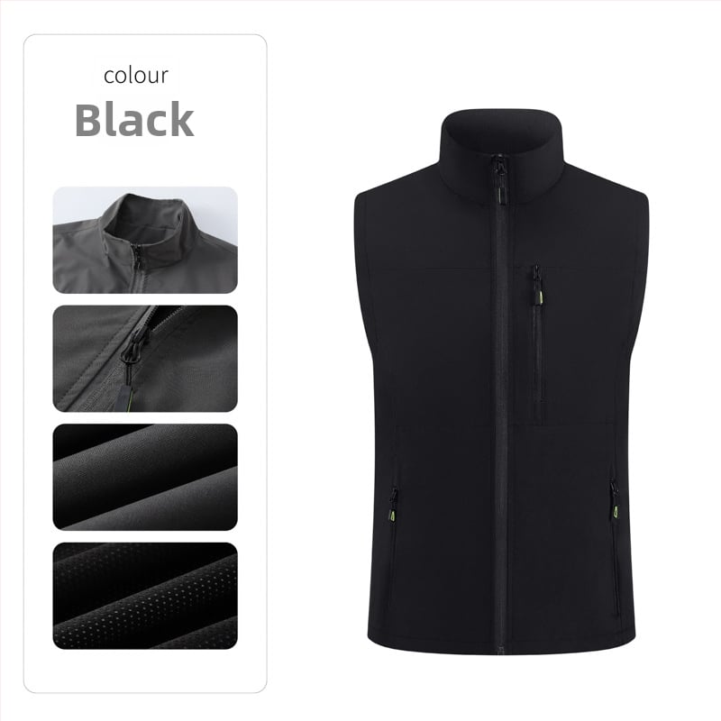 Férfi munkás mellény, több zsebbel, álló gallér, előről cipzár, laza kardigán szabás, 100% poliészter