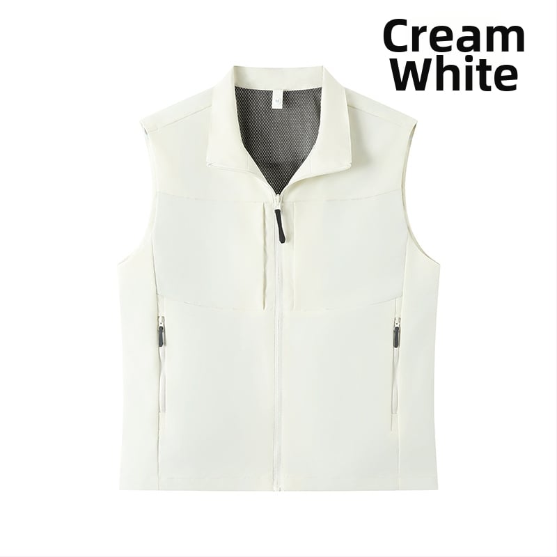 Férfi munkás mellény, több zsebbel, álló gallér, előről cipzár, laza kardigán szabás, 100% poliészter