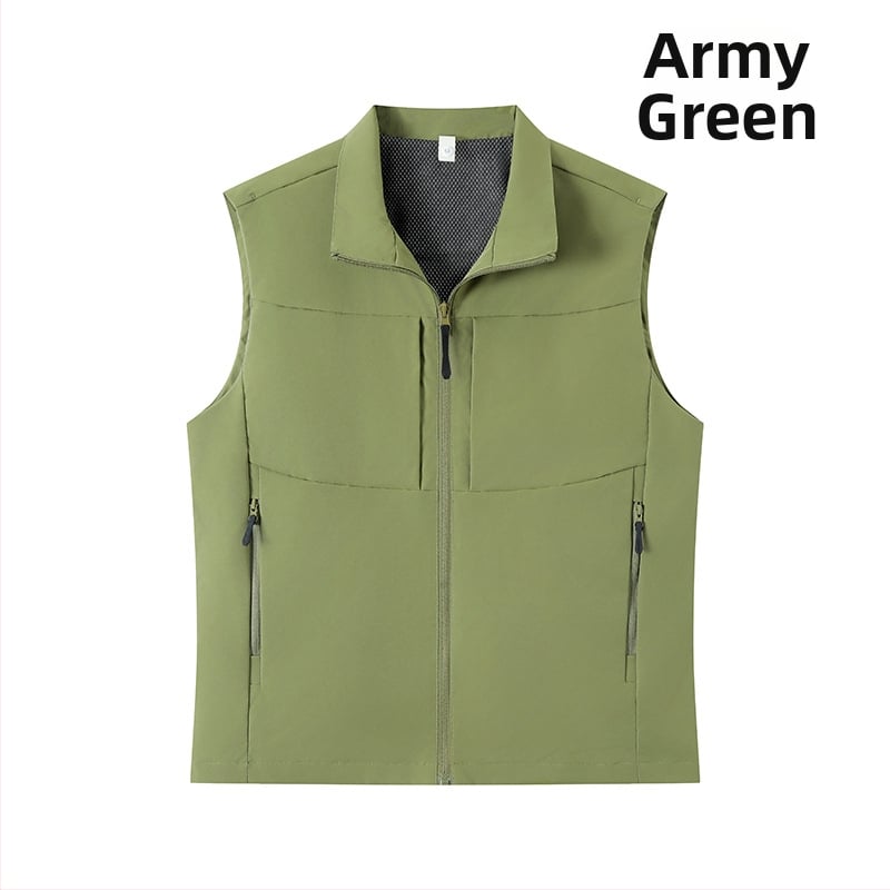 Férfi munkás mellény, több zsebbel, álló gallér, előről cipzár, laza kardigán szabás, 100% poliészter