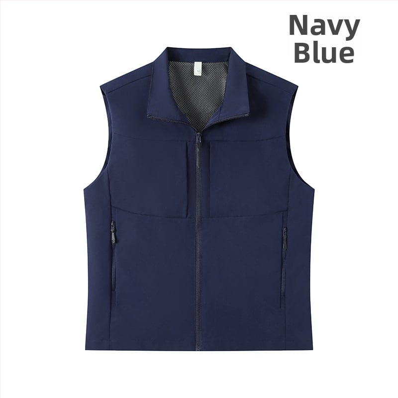 Férfi munkás mellény, több zsebbel, álló gallér, előről cipzár, laza kardigán szabás, 100% poliészter