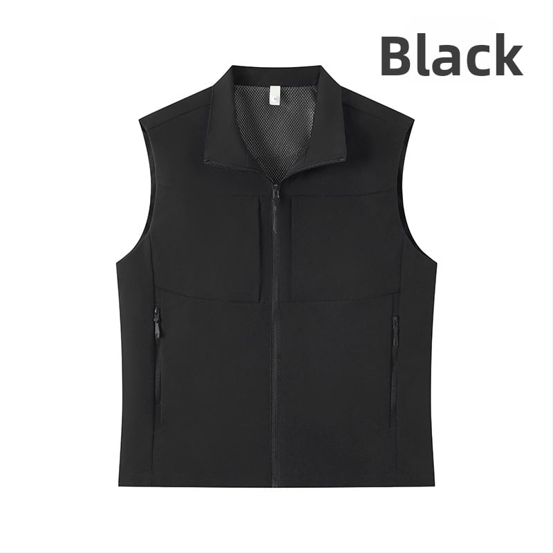 Férfi munkás mellény, több zsebbel, álló gallér, előről cipzár, laza kardigán szabás, 100% poliészter