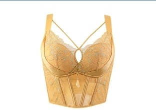 Mežģīņu regulējams krūšturis ar pilnām kupām, noņemamām siksnām, neilona kausi, viskozes vooder, galvenais audums poliester 50–70%.