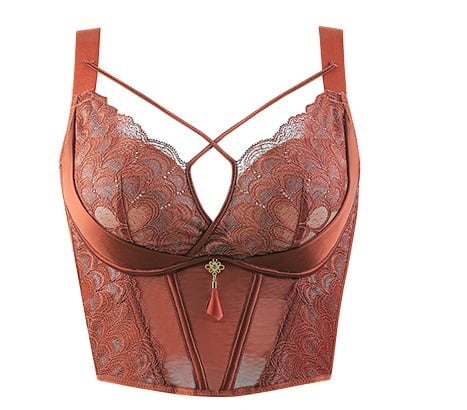 Mežģīņu regulējams krūšturis ar pilnām kupām, noņemamām siksnām, neilona kausi, viskozes vooder, galvenais audums poliester 50–70%.