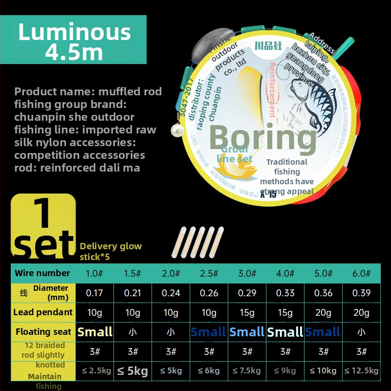 Nakts makšķerēšanas komplekts ar nūju un līniju spēcīgām straumēm – neilona līnija, garumi 3,6–8,1 m, piemērots drift makšķerēšanai, bez pludiņa regulēšanas