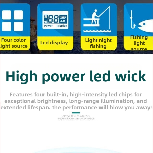 Nočná rybárska lampa so štyrmi svetelnými zdrojmi, zoomom, vysokovýkonná laserová veža, napájanie batériou