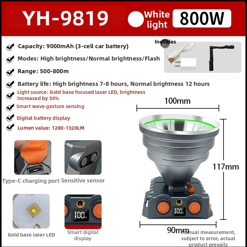 Aukštos galios galvos žibintas, ABS korpusas, 300–500W, 9000mAh baterija, diapazonas 200–500m, įkraunamas