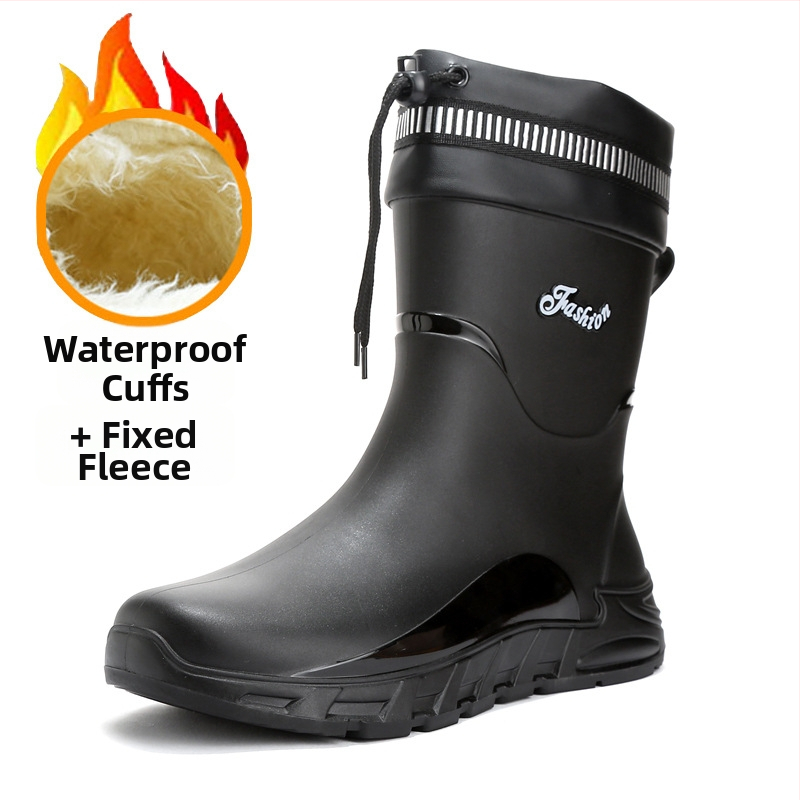 Vīriešu lietus zābaki ar PVC augšējo daļu, neslīdoša ūdensnecaurlaidīga zole, vidējais garums līdz potītēm, iekšējā odere no mākslīgās pūkas