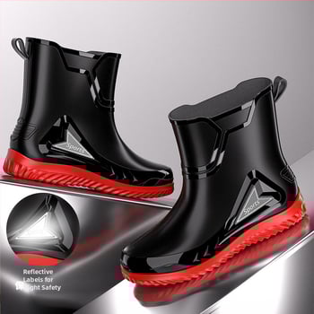 Vīriešu lietus zābaki ar PVC augšdaļu, vidēja caurules augstums, injekcijas veidota plastmasas zole, apaļa purns, piemērotas visām sezonām