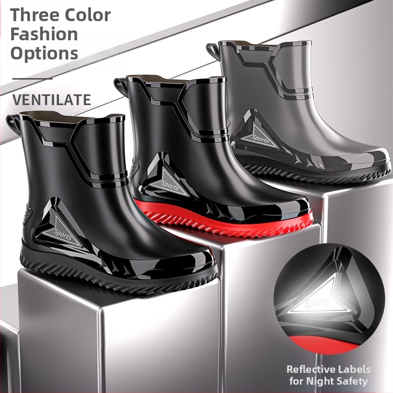 Vīriešu lietus zābaki ar PVC augšdaļu, vidēja caurules augstums, injekcijas veidota plastmasas zole, apaļa purns, piemērotas visām sezonām