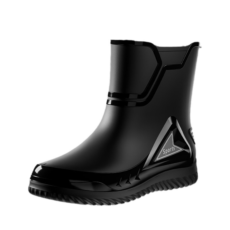 Vīriešu lietus zābaki ar PVC augšdaļu, vidēja caurules augstums, injekcijas veidota plastmasas zole, apaļa purns, piemērotas visām sezonām