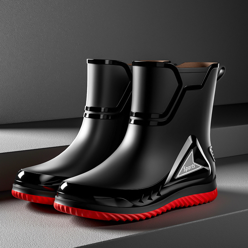 Vīriešu lietus zābaki ar PVC augšdaļu, vidēja caurules augstums, injekcijas veidota plastmasas zole, apaļa purns, piemērotas visām sezonām